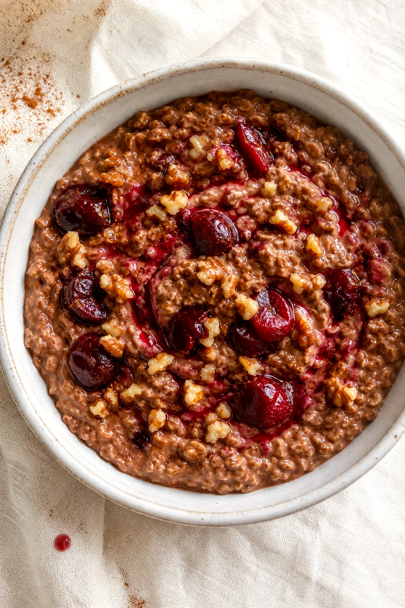 Top view of cocoa oatmeal with cherries, walnuts, and cinnamon in a white bowl