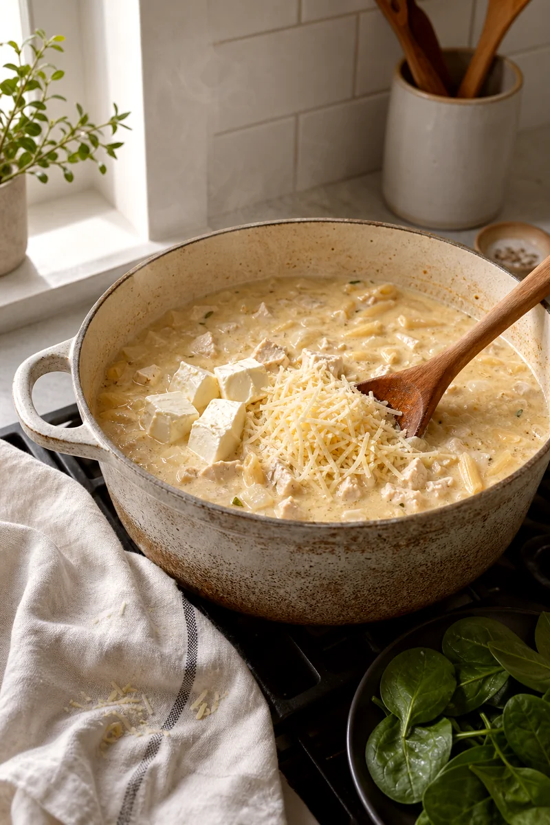 Cream cheese and Parmesan melting into chicken pasta soup in a pot with a wooden spoon