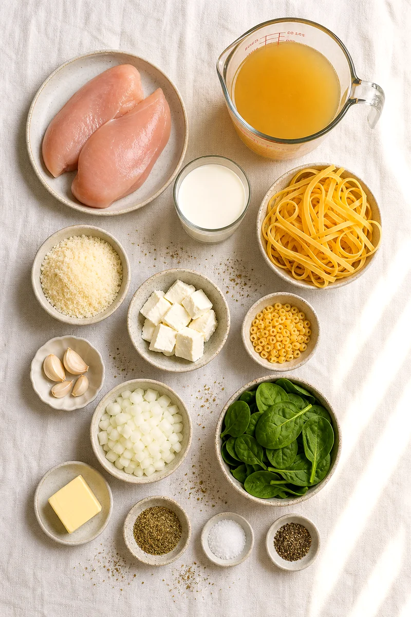 Chicken breast, pasta, broth, cream, cheeses, spinach, garlic, onion, butter, and seasonings on white linen