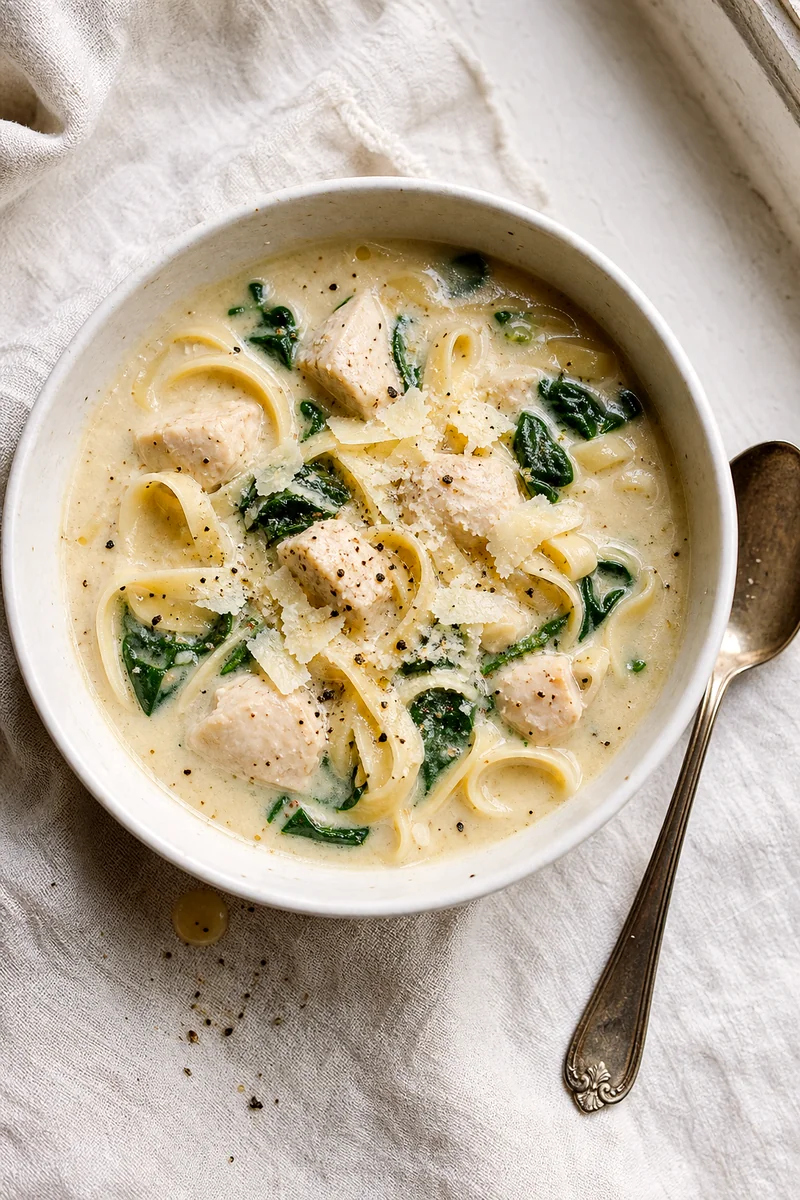 Top down view of creamy chicken pasta soup with spinach and Parmesan in a white bowl