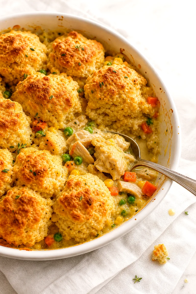 Top view of creamy chicken biscuit casserole with golden biscuits and a spoonful served