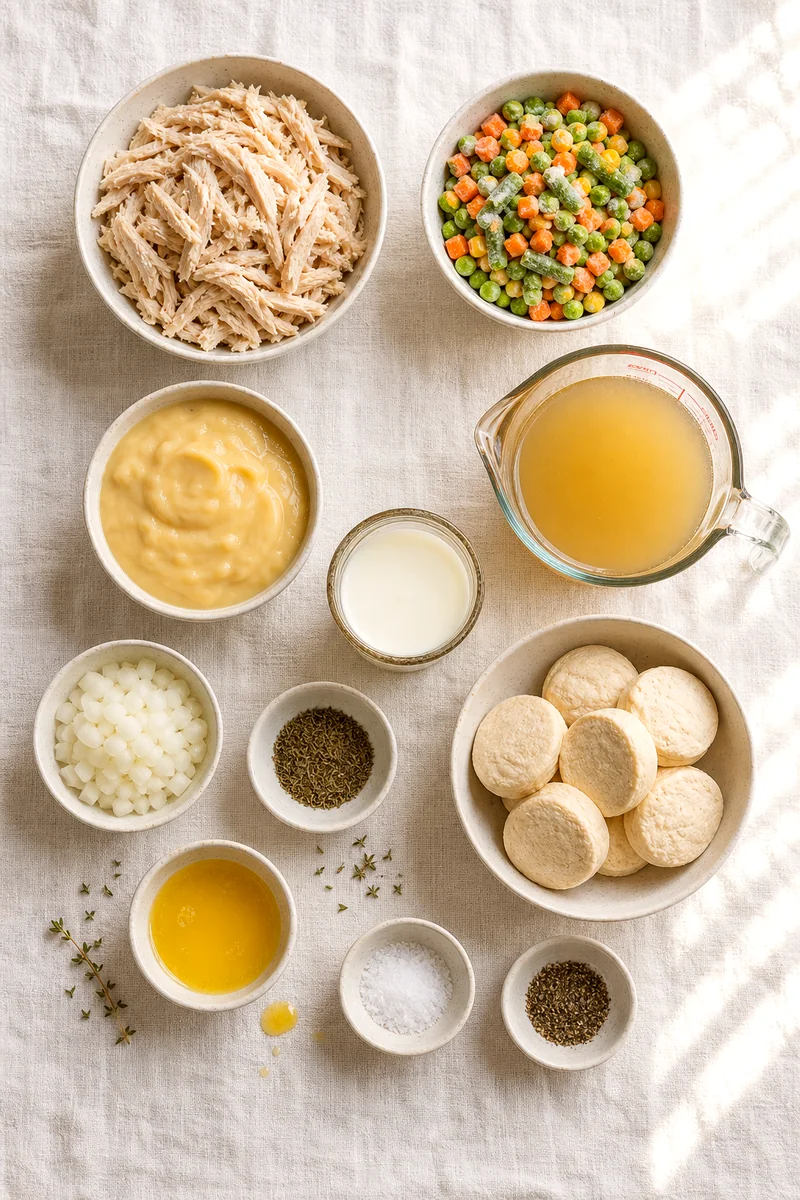 Cooked chicken, vegetables, soup, broth, milk, biscuit dough, butter, and seasonings on white linen