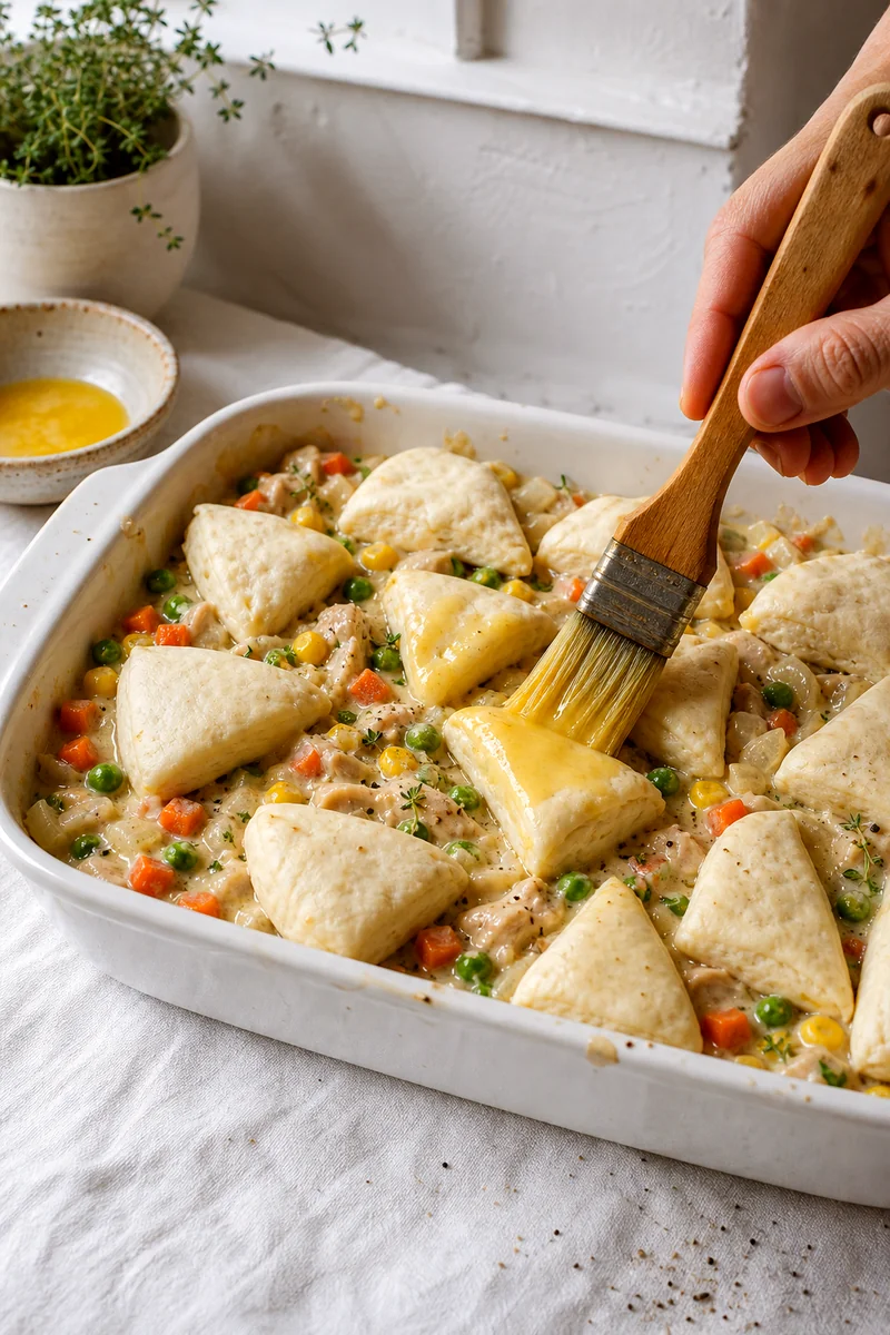 Biscuit dough pieces being placed over creamy chicken and vegetable filling in a baking dish