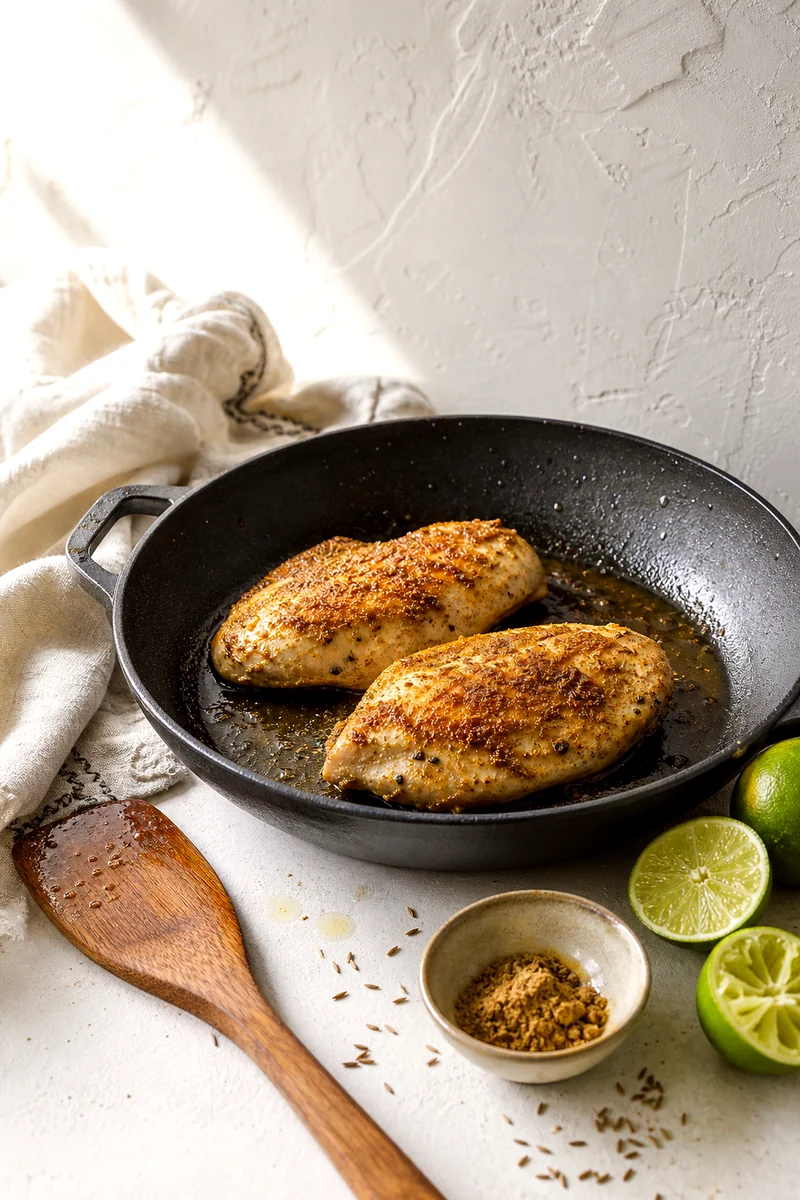 Cumin lime chicken breasts sizzling in a skillet with lime halves and cumin nearby