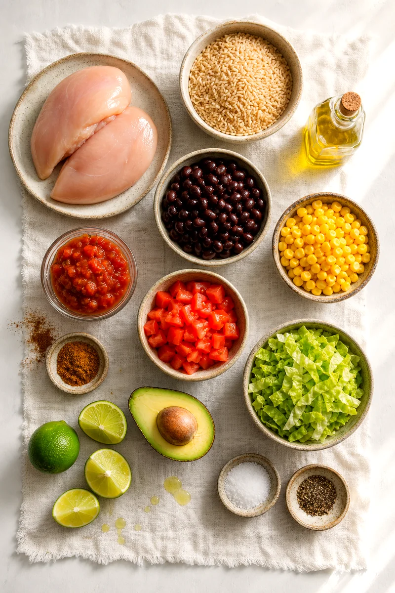 Chicken breast, brown rice, black beans, corn, tomatoes, avocado, lettuce, salsa, cumin, and limes arranged on white linen
