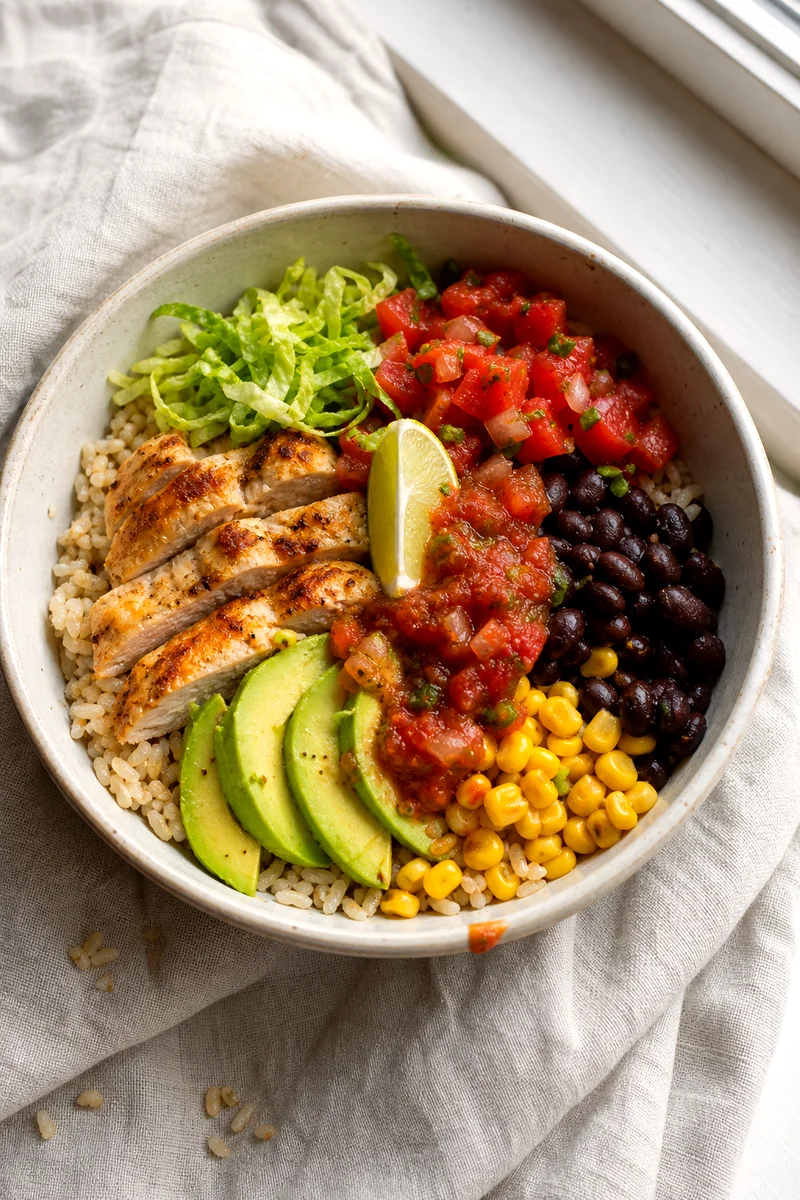 Top-down burrito bowl with brown rice, sliced chicken, black beans, corn, tomatoes, lettuce, avocado, salsa, and lime