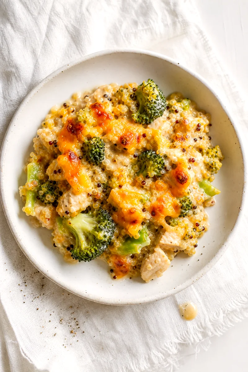 A serving of chicken broccoli quinoa casserole with golden cheddar on a white ceramic plate