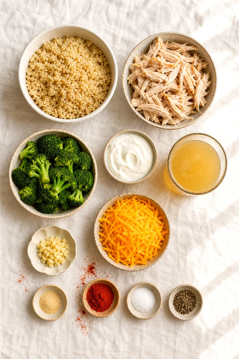 Cooked quinoa, chicken, broccoli, Greek yogurt, broth, cheddar, garlic, and spices arranged on white linen