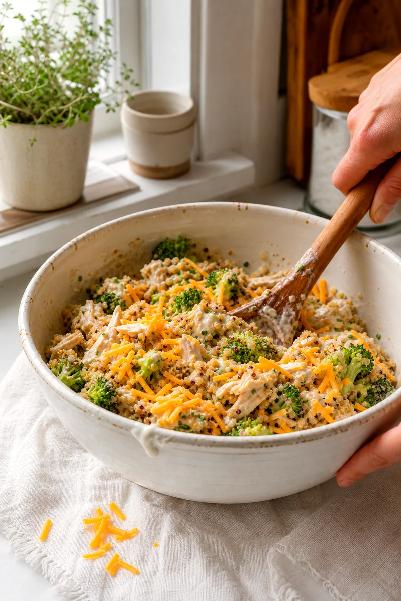 Quinoa, chicken, broccoli, yogurt sauce, and cheddar being mixed in a white ceramic bowl