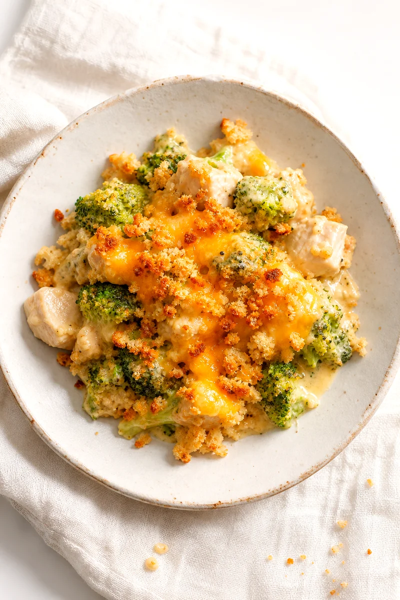 Serving of chicken broccoli casserole with creamy sauce, cheddar, and toasted breadcrumbs on a white plate