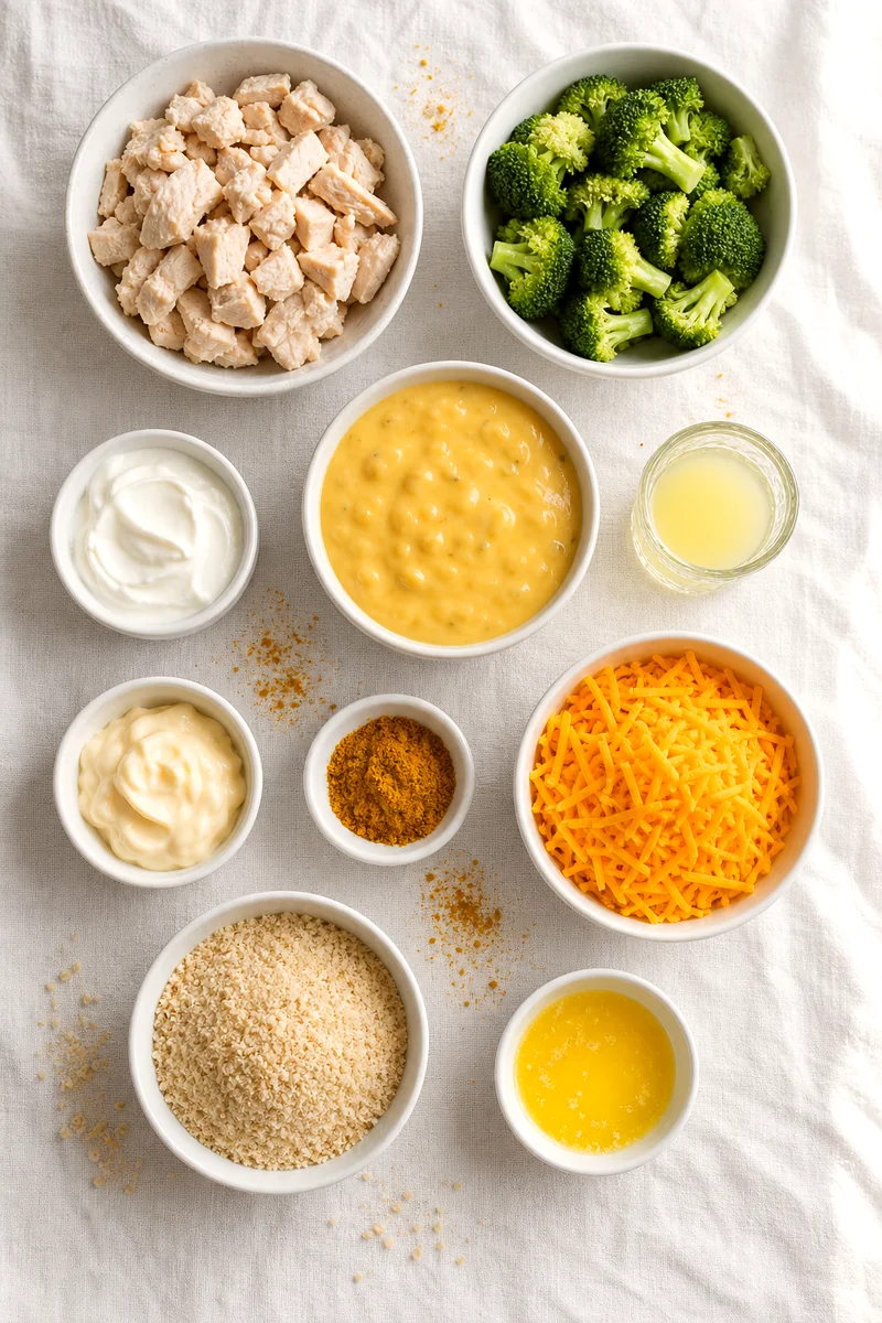 Cooked chicken, broccoli, creamy sauce ingredients, cheddar, breadcrumbs, and butter arranged on white linen
