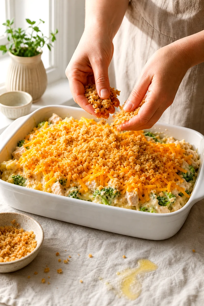 Hands sprinkling buttered breadcrumbs over cheddar topped chicken and broccoli casserole before baking