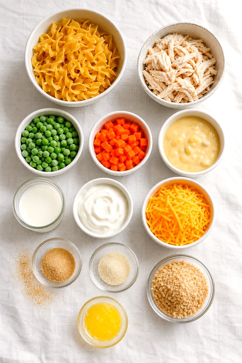 Egg noodles, cooked chicken, peas, carrots, soup, milk, sour cream, cheddar, seasonings, breadcrumbs, and butter
