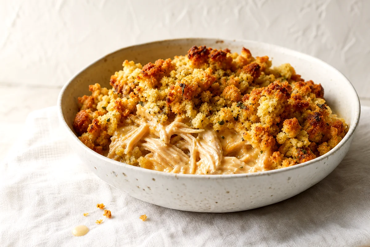 Golden stuffing casserole with creamy shredded chicken in a white ceramic bowl