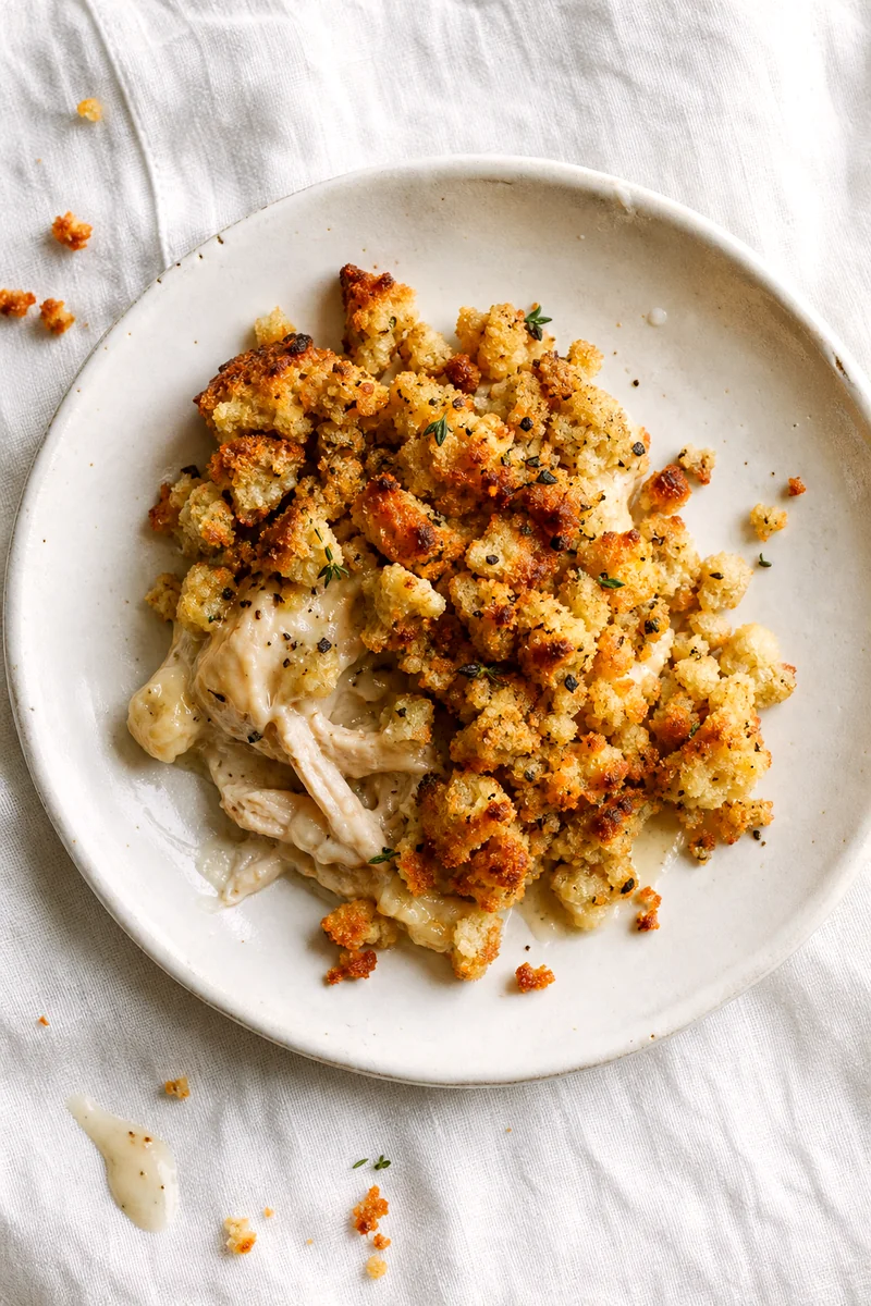 Serving of chicken and stuffing casserole with golden topping and creamy filling on a white plate