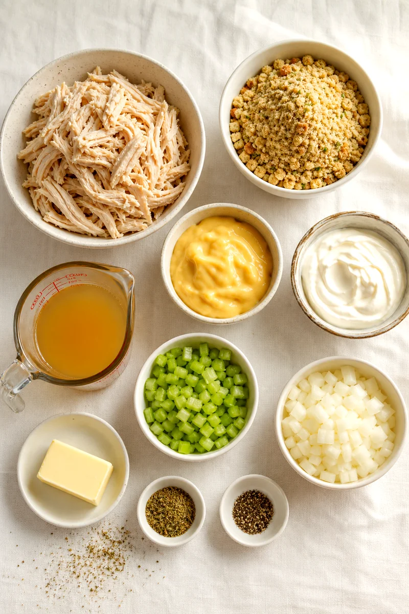 Measured chicken, stuffing mix, soup, sour cream, broth, vegetables, butter, and seasonings on white linen