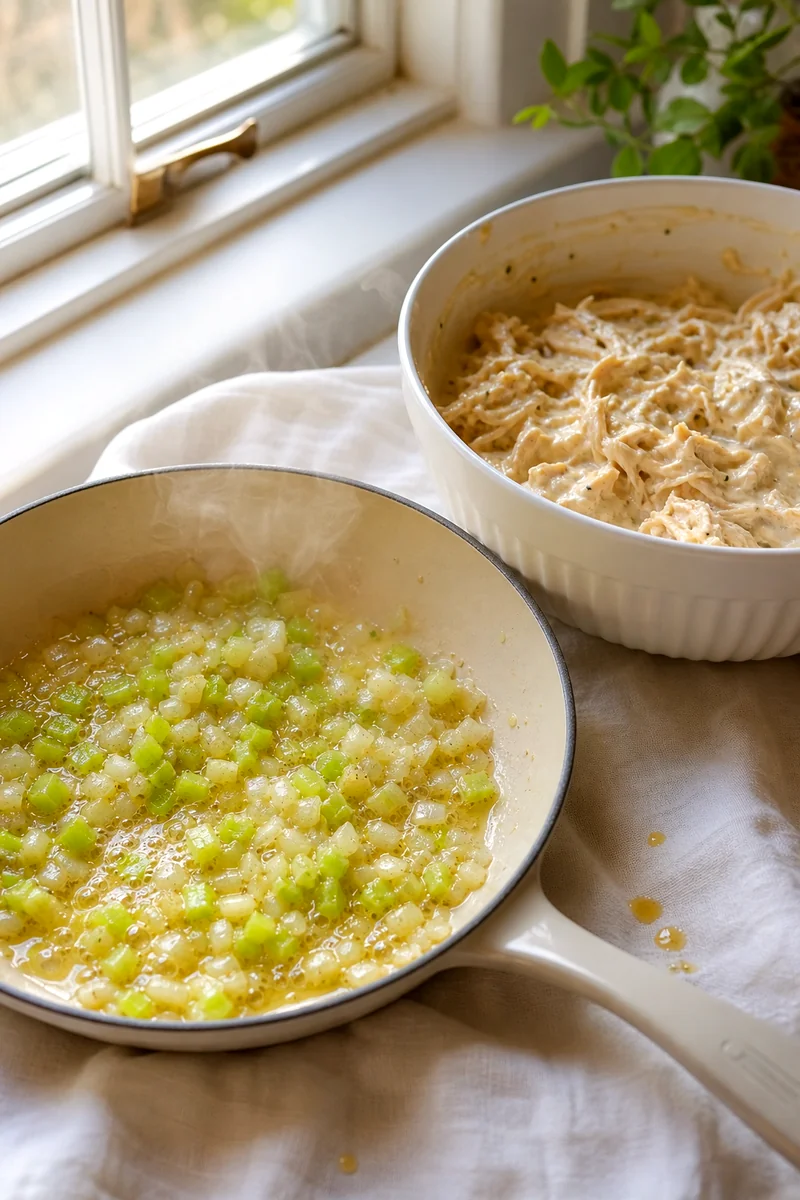 Celery and onion cooking in butter beside a bowl of creamy shredded chicken mixture