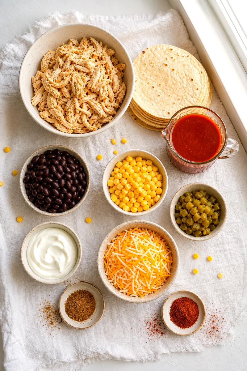Shredded chicken, corn tortillas, enchilada sauce, beans, corn, chiles, sour cream, cheese, and spices arranged on white linen