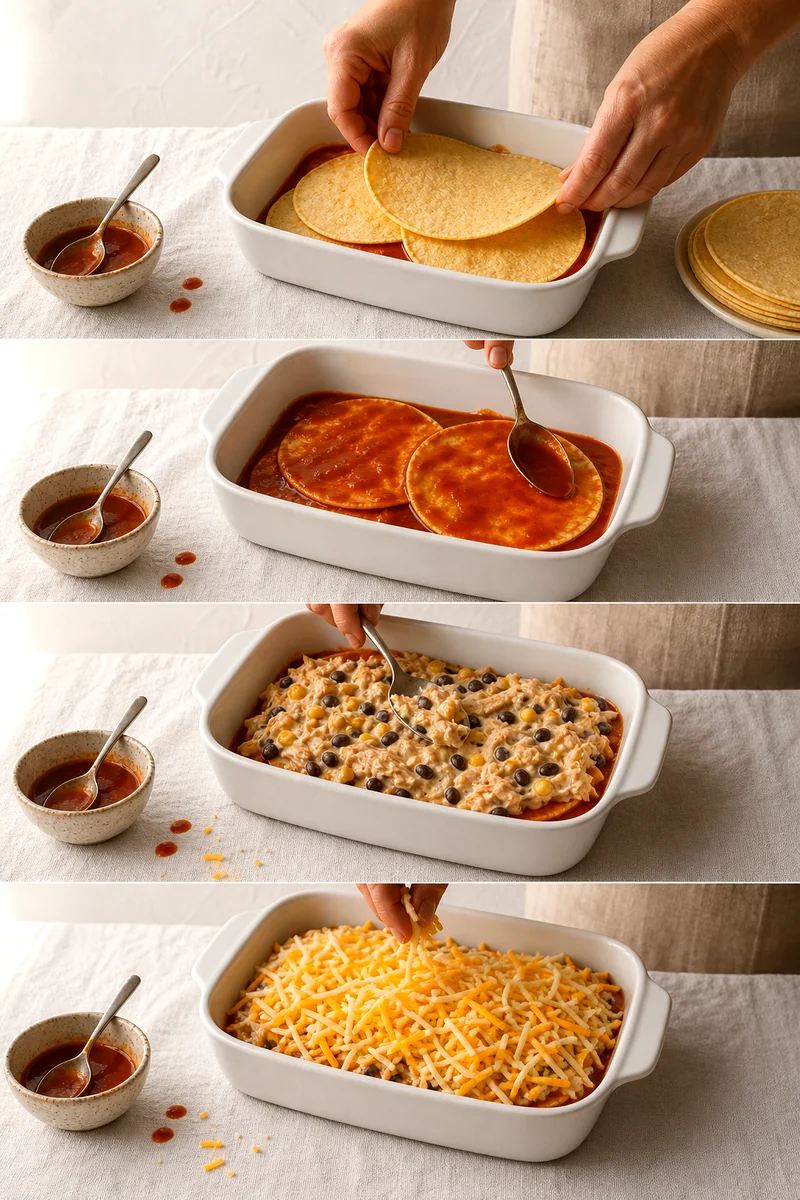 Hands layering tortillas, chicken filling, enchilada sauce, and cheese in a white baking dish