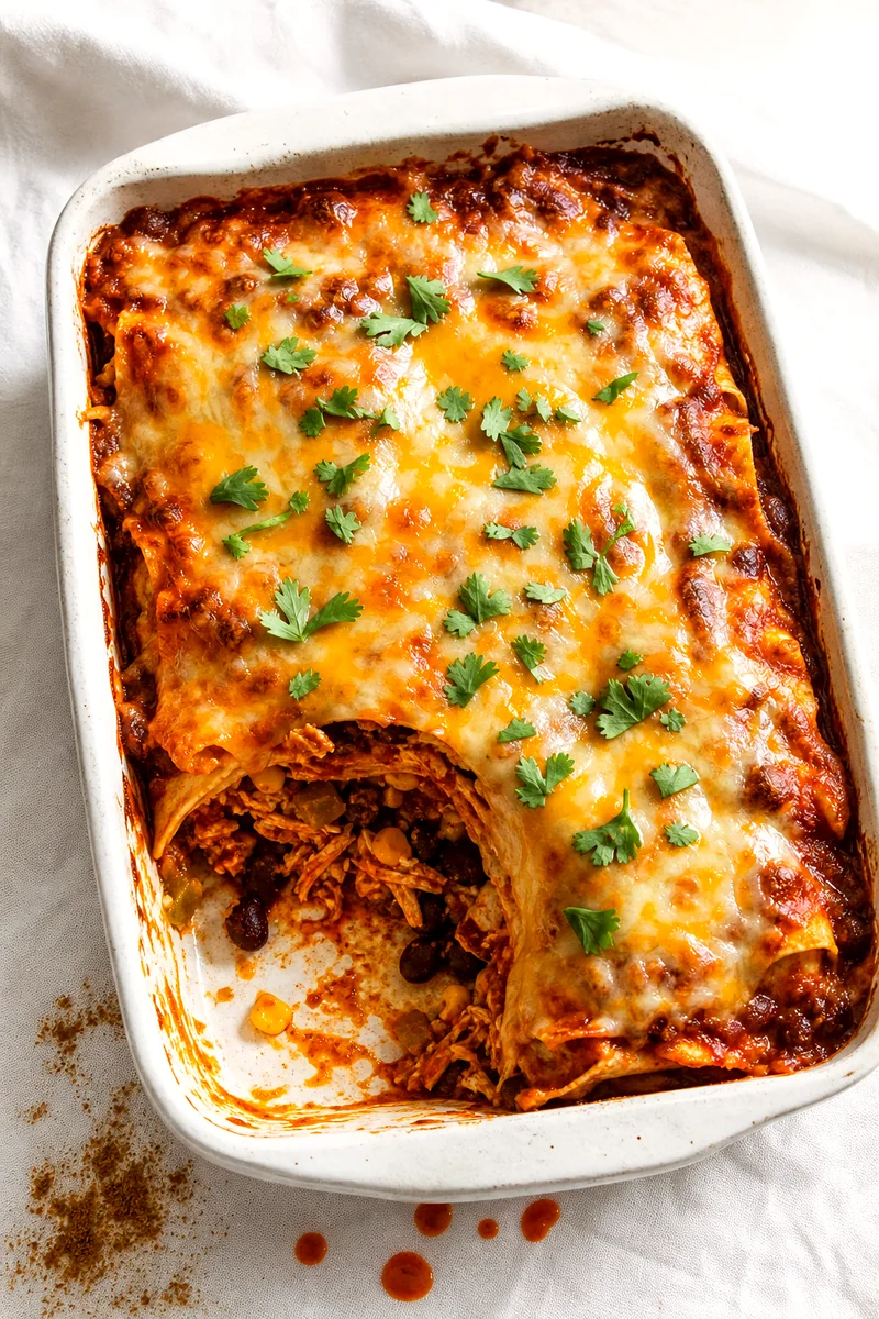 Top down view of baked chicken tortilla casserole with a scoop removed to show cheesy layered filling