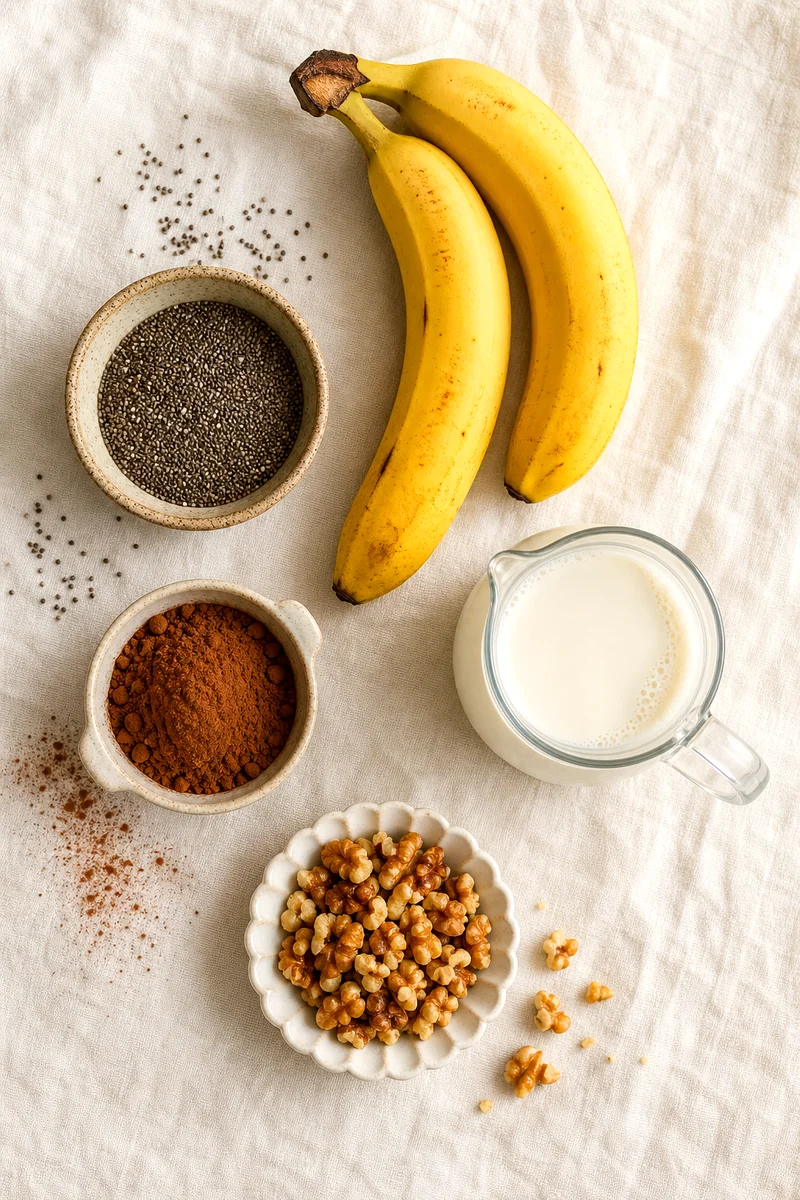 Chia seeds, bananas, cocoa powder, milk, and walnuts arranged on white linen