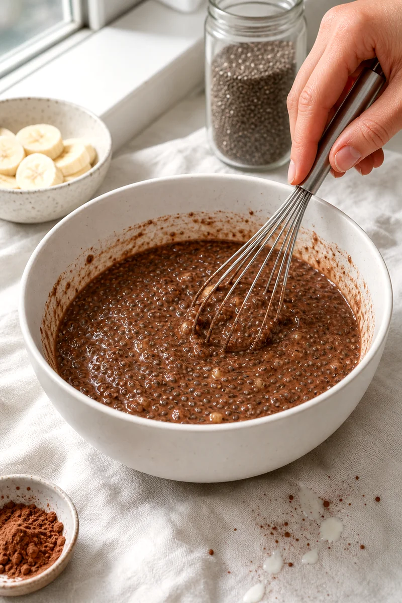 Chocolate chia pudding mixture being whisked in a white ceramic bowl