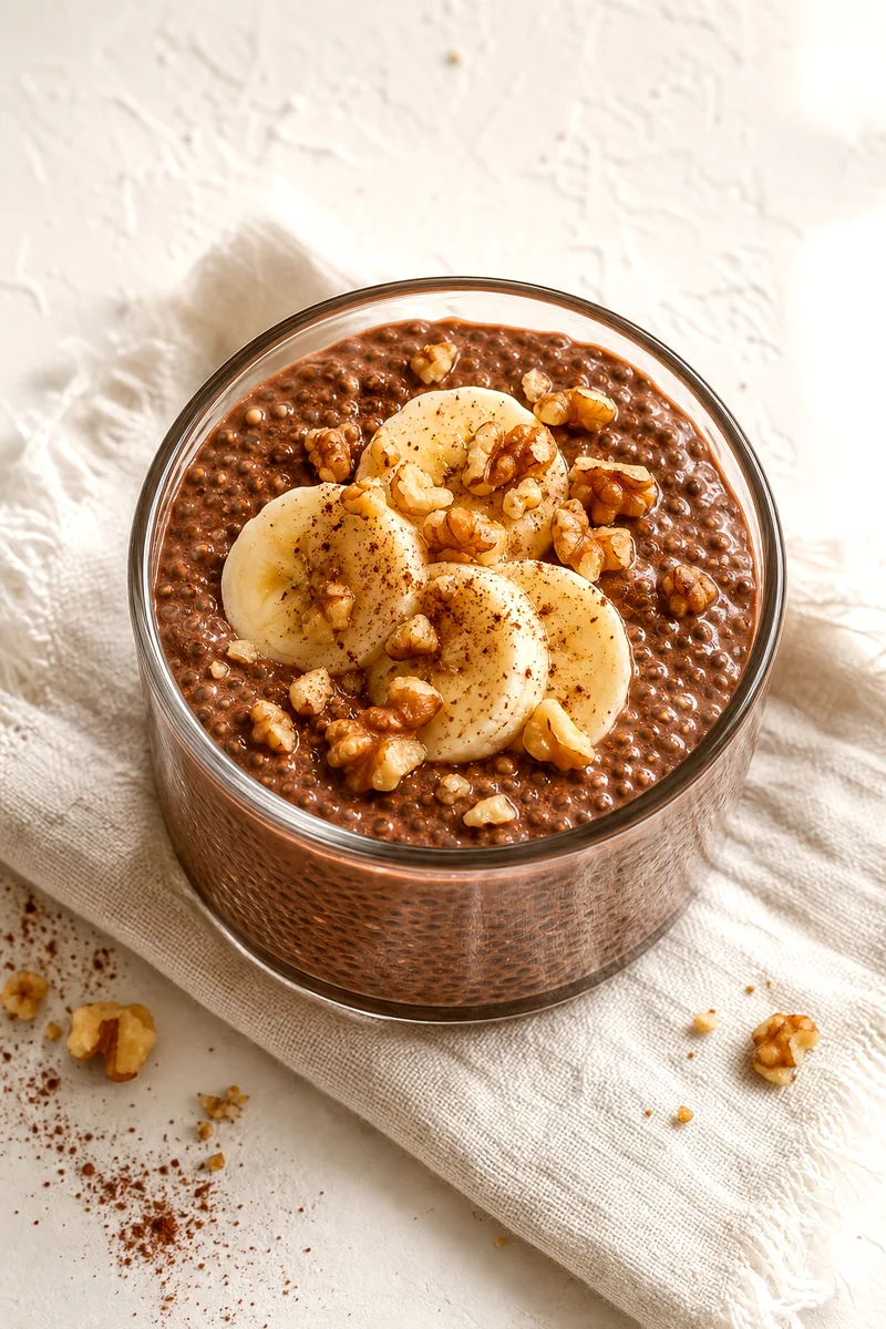 Chocolate banana chia pudding in a glass topped with walnuts and banana slices