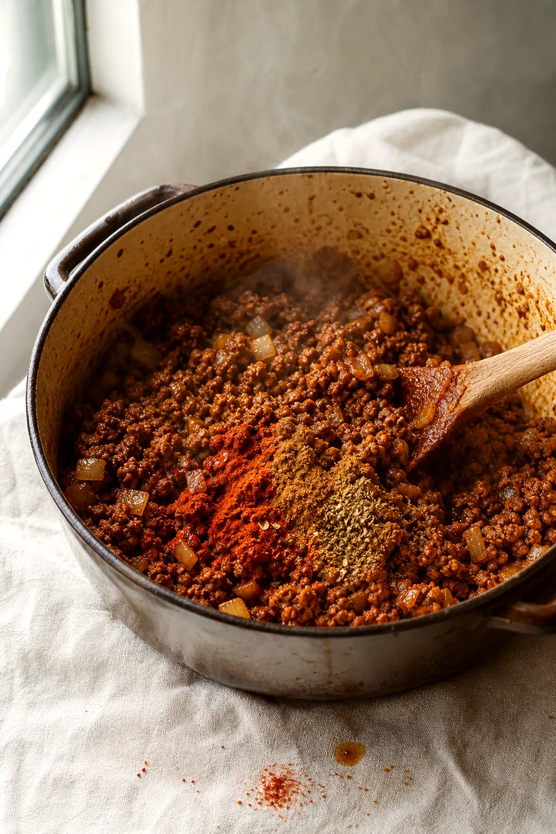 Ground beef and onions cooking with chili spices in a heavy pot