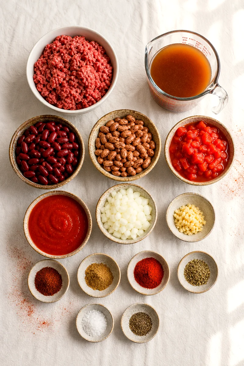 Ground beef, beans, tomatoes, onion, garlic, broth, and chili spices arranged on white linen