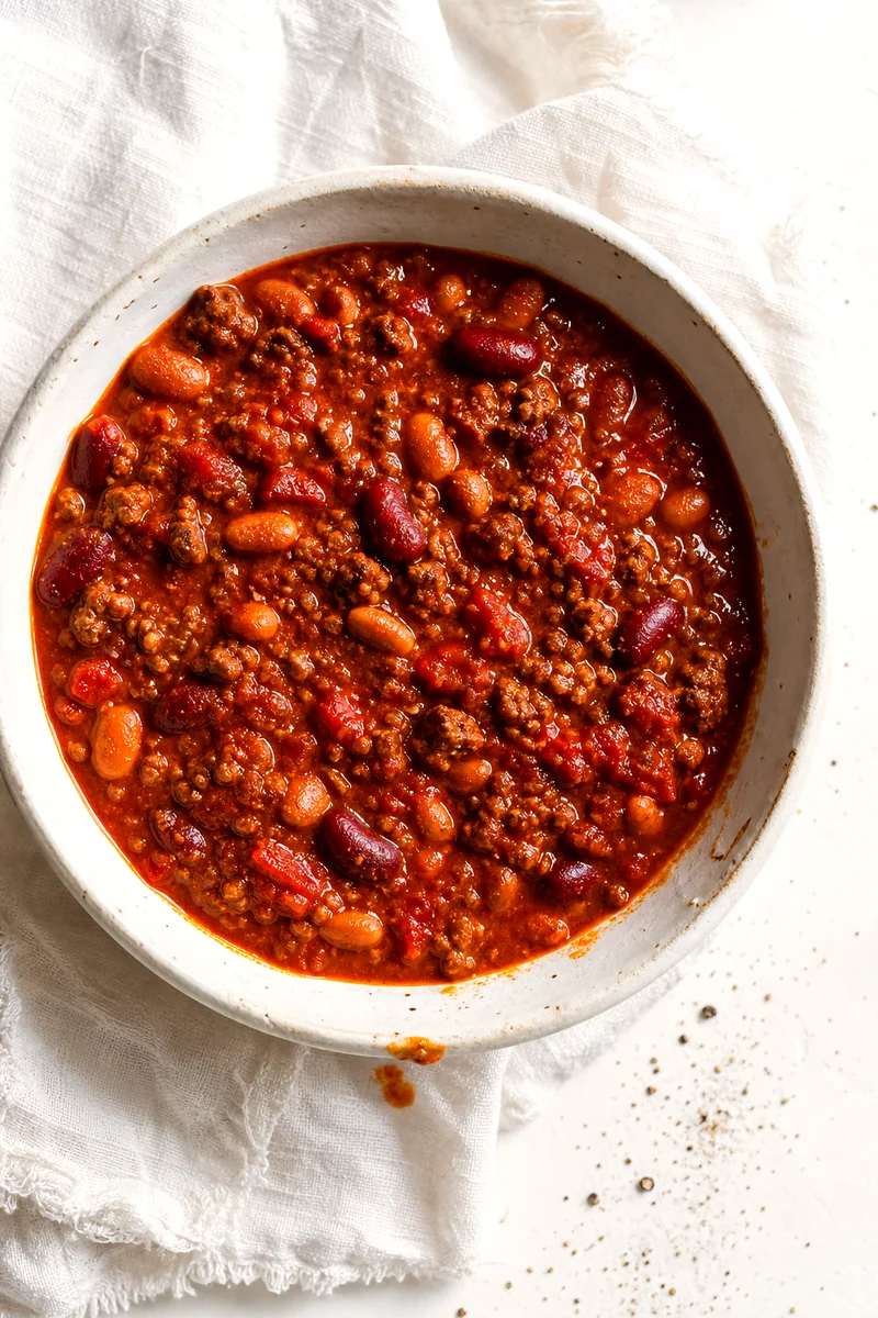 Top down view of hearty beef chili with beans in a white ceramic bowl
