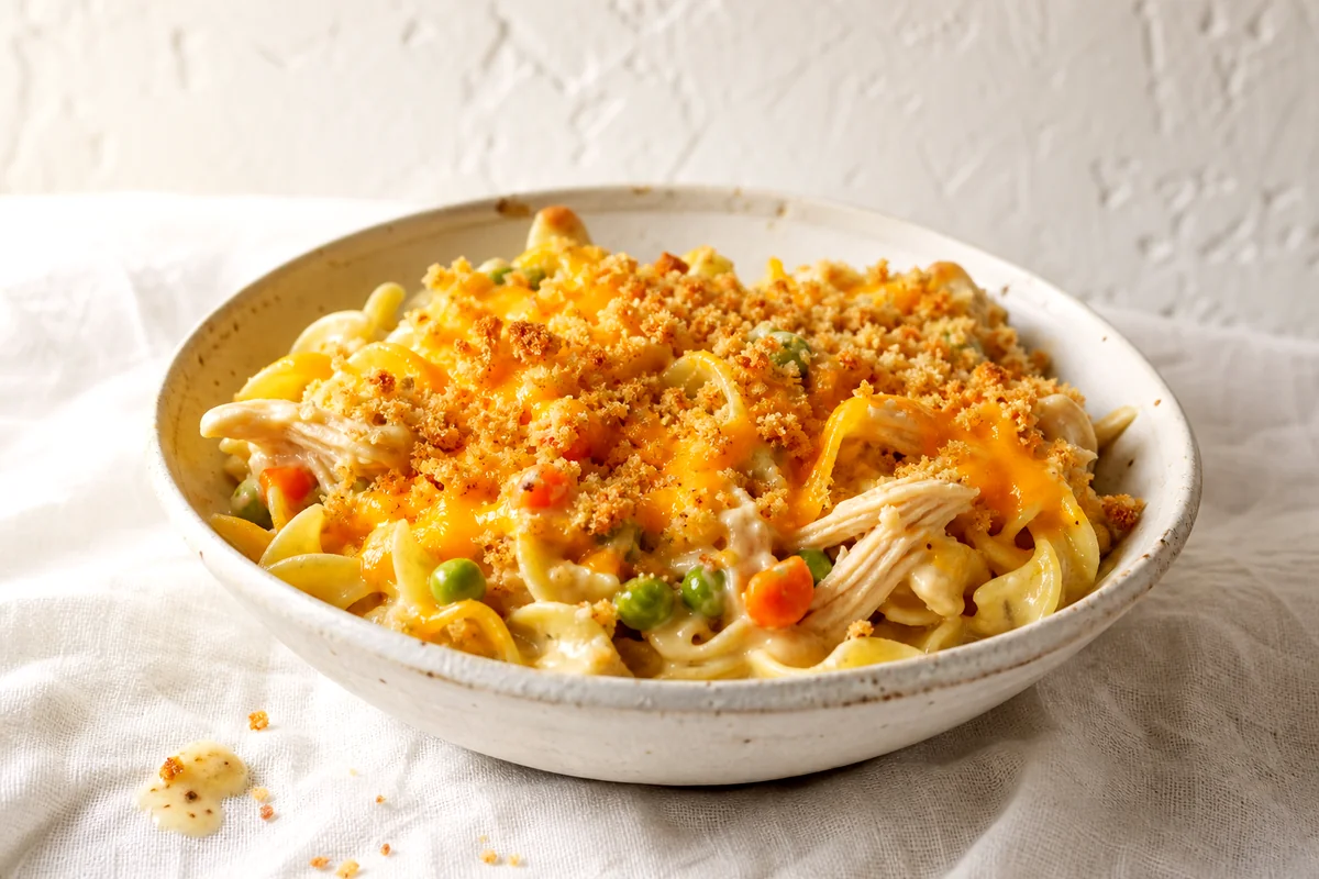 Creamy chicken noodle casserole with peas, carrots, cheddar, and golden breadcrumbs in a white ceramic bowl