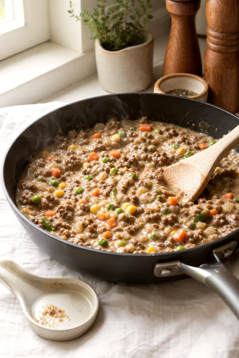 Creamy ground beef and vegetable filling being stirred in a skillet with a wooden spoon