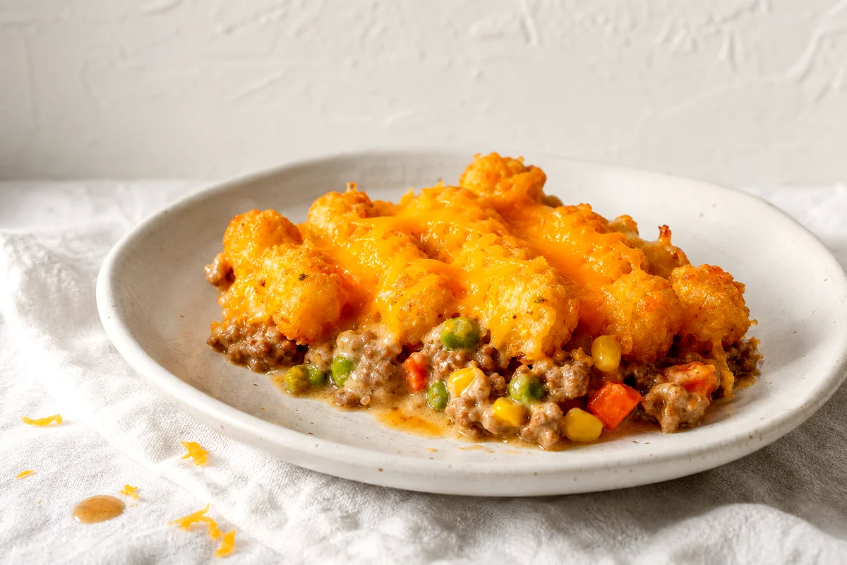 Crispy tater tot casserole with cheddar, beef, and vegetables on a white ceramic plate