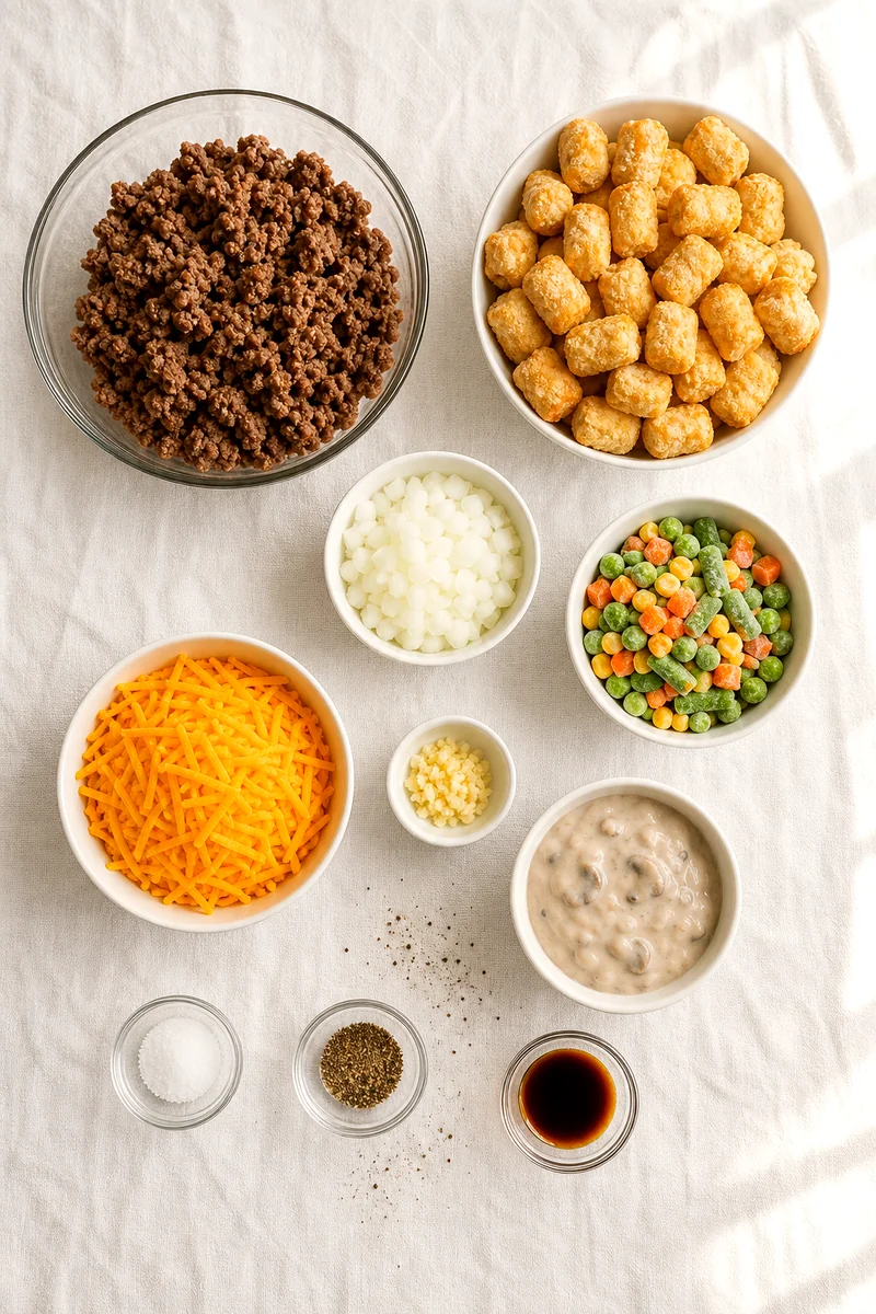 Ground beef, tater tots, cheddar, vegetables, soup, onion, garlic, and seasonings arranged on white linen