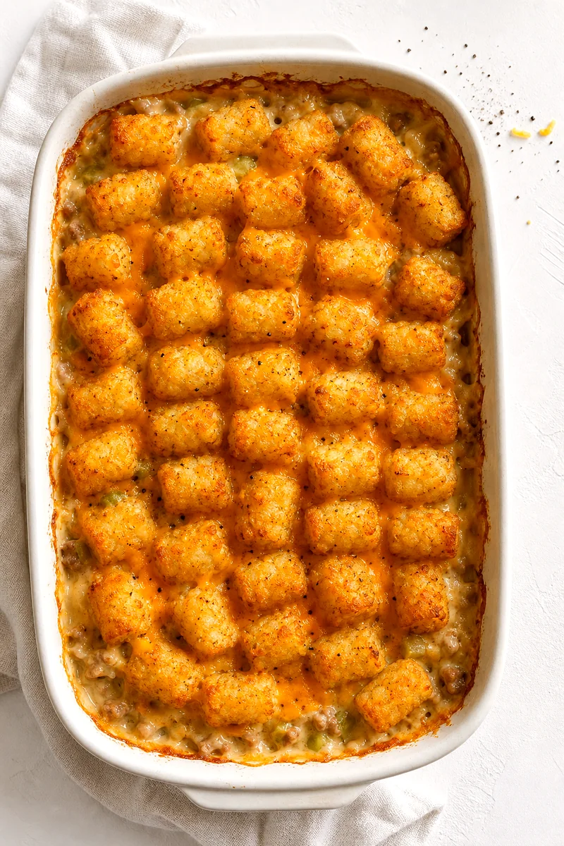 Golden tater tot casserole in a white baking dish with melted cheddar and bubbling edges