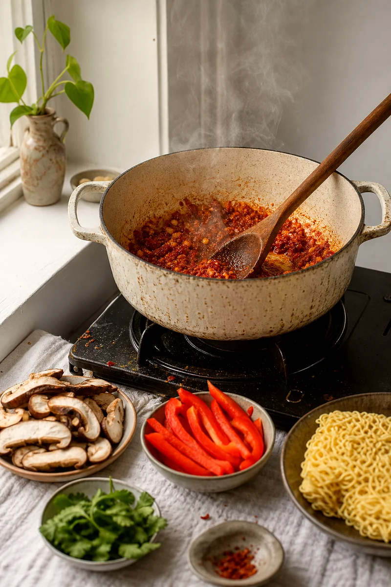 Red curry paste, garlic, and ginger sizzling in a pot with vegetables and ramen noodles nearby