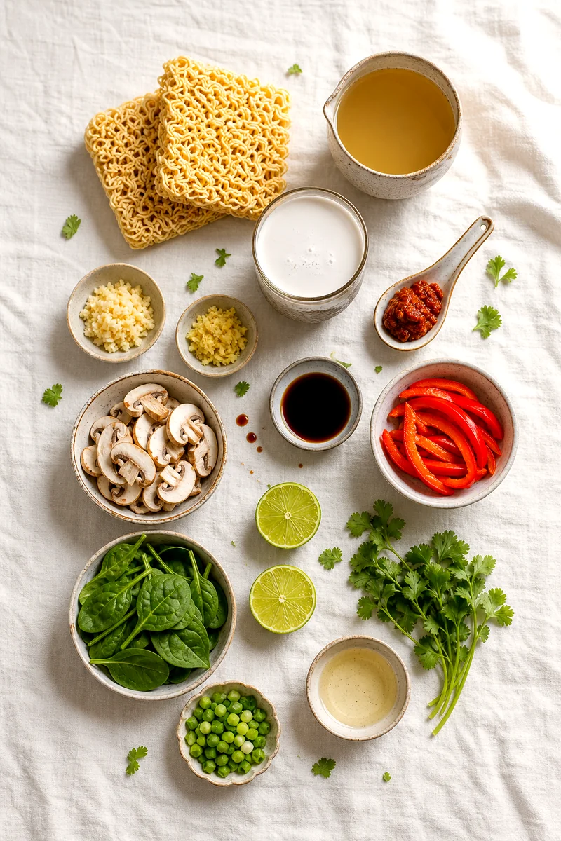 Ramen noodles, coconut milk, curry paste, vegetables, lime, herbs, soy sauce, garlic, and ginger arranged on white linen