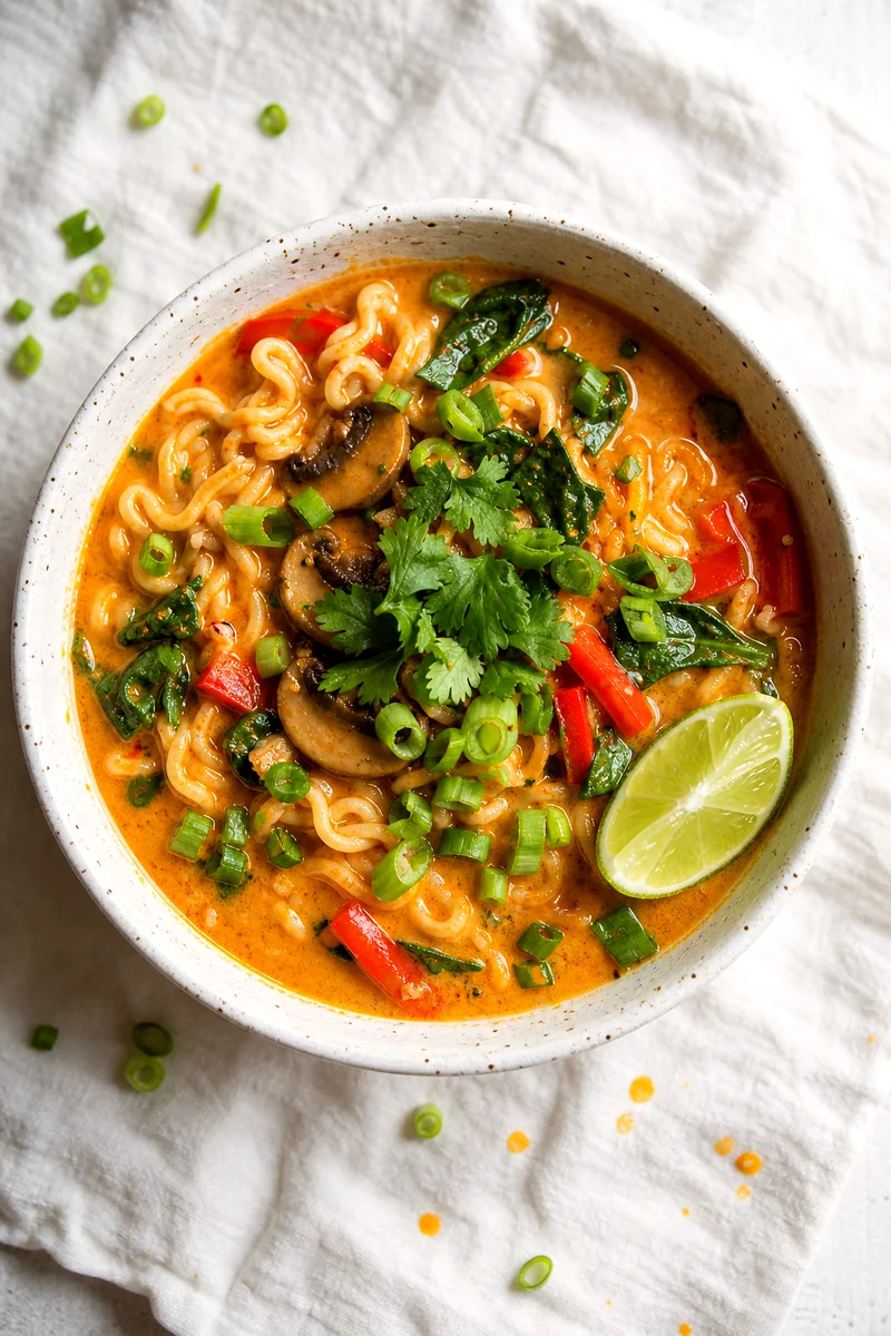Top down bowl of coconut curry ramen soup with noodles, vegetables, herbs, and lime on white linen