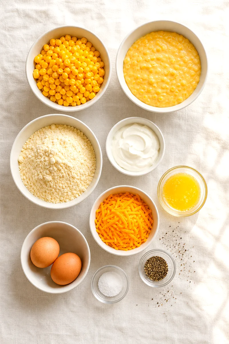Corn, creamed corn, muffin mix, sour cream, butter, eggs, cheddar, salt, and pepper arranged on white linen