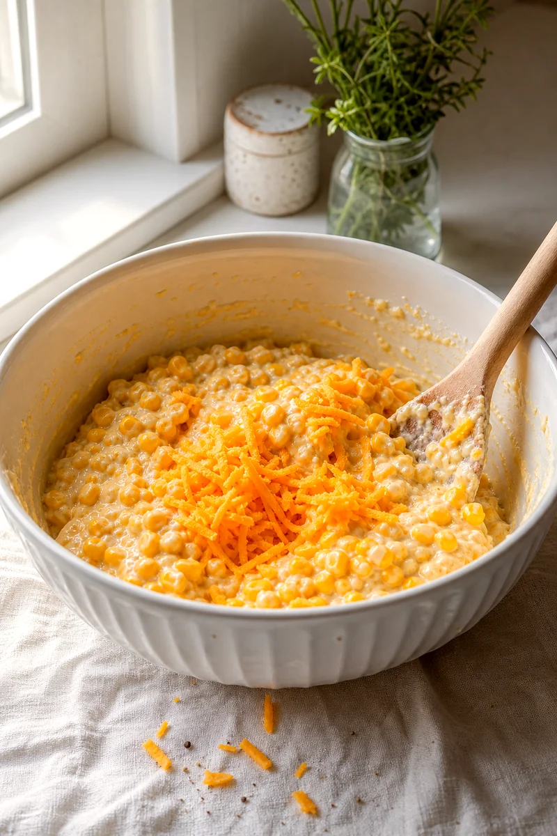 Wooden spoon folding shredded cheddar into creamy corn casserole batter in a white bowl