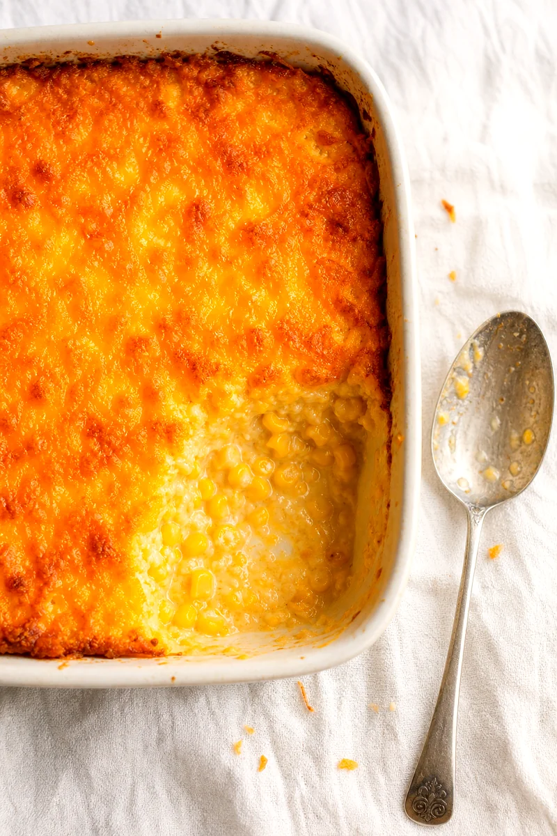 Baked corn casserole in a white ceramic dish with a scooped corner showing the creamy center