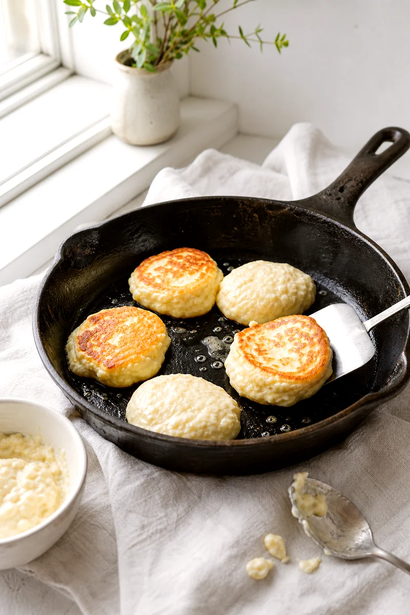 Thick cottage cheese pancake batter cooking in a skillet with golden edges