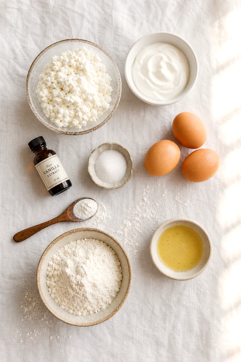 Cottage cheese, Greek yogurt, eggs, flour, sugar, baking powder, vanilla, and butter arranged on white linen