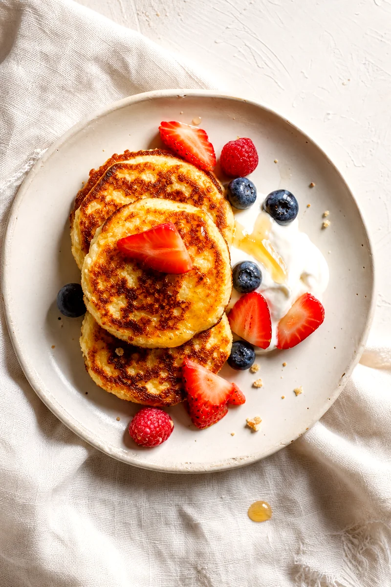 Stack of cottage cheese pancakes with yogurt, berries, and honey viewed from above