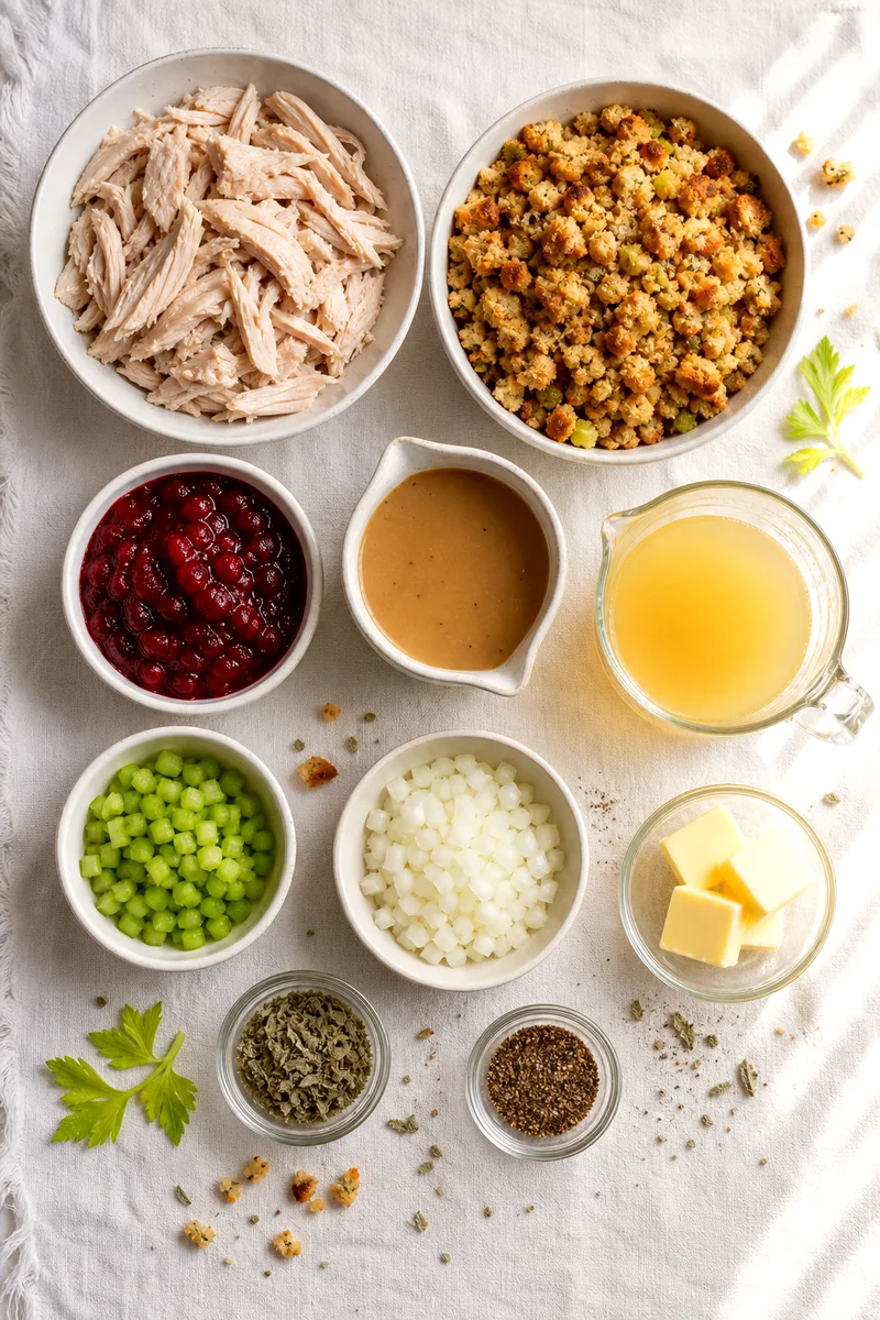 Cooked turkey, stuffing, cranberry sauce, gravy, broth, celery, onion, butter, sage, and pepper arranged on white linen