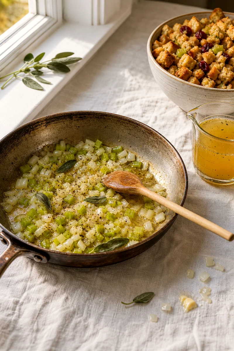 Celery and onion cooking in butter with sage beside a bowl of stuffing