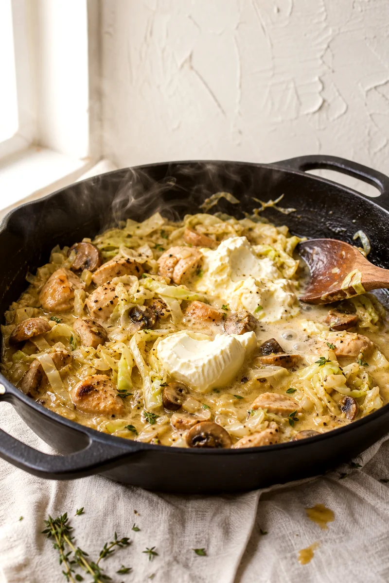 Chicken, cabbage, mushrooms, and creamy sauce cooking together in a skillet