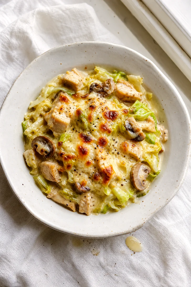Top view of creamy chicken cabbage mushroom casserole with browned mozzarella on a white plate
