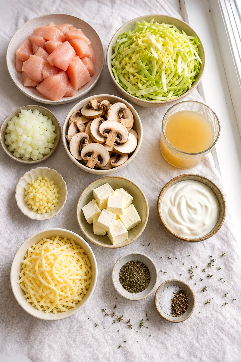 Chicken breast, cabbage, mushrooms, dairy, broth, cheese, and seasonings arranged on white linen