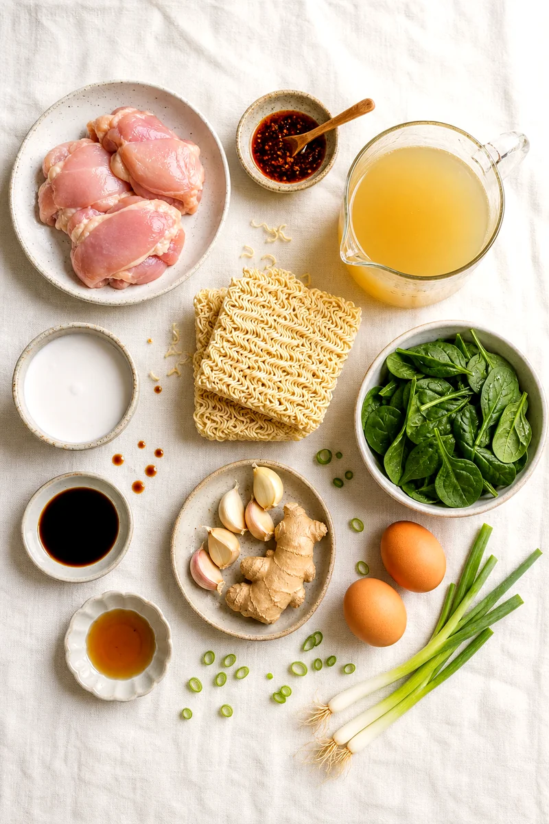 Chicken thighs, ramen noodles, broth, coconut milk, aromatics, spinach, eggs, green onions, and chili oil arranged on white linen